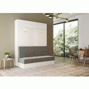 Armoire lit escamotable Dynamo Sofa - façade blanc brillant effet miroir - canapé gris - couchage 140x200 cm_1