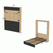 Lit escamotable industriel STUKEY - Chêne et noir mat - 140 x 200 cm avec ferrures décoratives_1