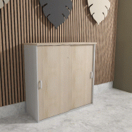 Armoire mi-haute à portes coulissantes - Mobel Linea - 120, Gris aluminium, Acacia clair_1