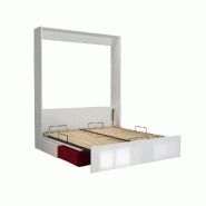 Armoire lit escamotable Dynamo Sofa - Façade blanc brillant effet miroir - Canapé 3 places rouge - Couchage 160x200 cm_1