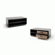 Table basse HALTON 115x45 - décor chêne barrique vieilli et gris cosmos mat - style industriel avec roulettes_1