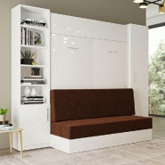 Lit escamotable Dynamo Sofa - Façade blanc brillant, canapé marron, couchage 160x200 cm - L 255 cm_1