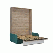 Armoire lit escamotable Bermudes Sofa - Chêne bandeau blanc - Canapé bleu - Couchage 140x200 cm_1