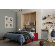 Lit escamotable style industriel KEY  SOFA chêne canapé accoudoirs tissu rouge 140*200 cm_1