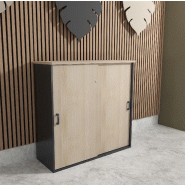 Armoire mi-haute à portes coulissantes - Mobel Linea - 100, Gris anthracite, Acacia clair_0