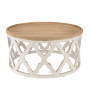 CORVIE - Table basse ronde avec plateau en bois naturel et piètement en métal blanc - Design graphique et raffiné_1