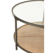 Table basse Tazzy - ronde en verre trempé et métal - design élégant avec plateau inférieur quadrillé bois naturel_1