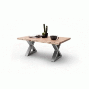Table basse Claren - Plateau 110 cm en acacia massif naturel laqué - Piétement en X acier brossé_1