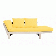 Banquette méridienne futon BEAT - Pin naturel et tissu jaune - Couchage 75x200 cm - Convertible et multifonctions_1