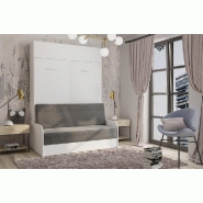 Armoire lit escamotable Dynamo Sofa - Canapé accoudoirs blanc mat et microfibre gris - Couchage 160x200 cm_1