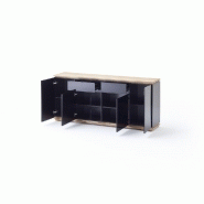 Buffet Charly 4 portes 2 tiroirs - Laqué noir brillant avec plateau et socle en chêne noueux_1