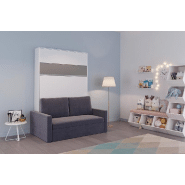 Armoire lit escamotable DJUKE SOFA - Blanc mat avec bandeau gris - Canapé intégré gris 140x200 cm_1