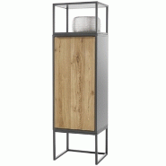 Rangement colonne ABOU - 1 porte push to open - 3 compartiments et 1 niche - Coloris chêne - Pieds métal noir_1