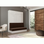 Armoire lit escamotable Dynamo Sofa - Façade blanc brillant effet miroir - Canapé marron - Couchage 140x200 cm_1