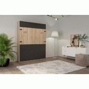 Lit escamotable industriel STUKEY - Chêne avec bandeaux et ferrures noir mat - 160 x 200 cm_1