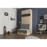 Lit escamotable style industriel KEY SOFA - Chêne naturel - 90x200 cm avec canapé et tiroirs de rangement_1
