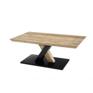 Table basse design Maverick - chêne sauvage acacia, piétement bicolor noir mat/acacia, roulettes intégrées_1