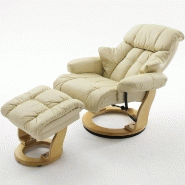 Fauteuil relax CLAIRAC - assise en cuir crème, pied en bois naturel, inclinable à 135° avec repose-pied_1