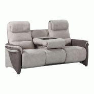 Canapé relax électrique 3 places ZILIA - Microfibre mastic et brun taupé avec têtières ajustables et tablette centrale_1