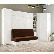 Composition lit escamotable Dynamo Sofa - Façade blanc brillant effet miroir - Canapé marron 3 places - Couchage 160x200 cm - Dimensions 371x100 cm_1