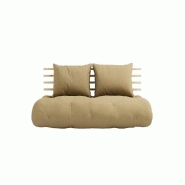 Canapé lit futon Shin Sano beige blé en pin massif - Couchage 140x200 cm avec matelas capitonné et coussins inclus_1