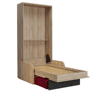 Lit escamotable style industriel KEY SOFA - accoudoirs chêne - 90x200 cm - Canapé rouge avec tiroirs de rangement_1