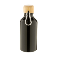 Bouteille en aluminium - 400 ml - avec couvercle en bambou et mousqueton - couleur noire_1