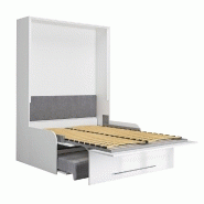 Armoire lit escamotable Sofa Automatica 140 cm - façade laquée blanc brillant, canapé microfibre gris intégré_1