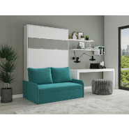 Armoire lit escamotable Bermudes Sofa - Blanc bandeau gris - Canapé bleu 160x200 cm avec coffre et vérins sécurisés_1