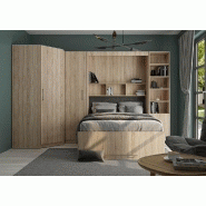 Composition armoire lit escamotable d'angle Lutecia - Chêne naturel - 350x100 cm - Couchage 140x190 cm - Rangements intégrés_1