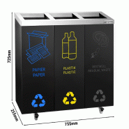 Poubelle de tri sélectif carénée 75 L - 3 bacs 25 L - Acier noir - Roulettes - Autocollants inclus_1