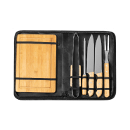 Set barbecue - Bois et acier inoxydable avec couteaux, pince, fourchette et planche à découper_1