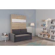 Armoire lit escamotable DJUKE SOFA - Chêne avec bandeau blanc mat - Canapé gris - Couchage 140x200 cm_1