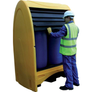 Box de rétention en polyéthylène - pour 2 fûts de 220 L verticaux ou petits bidons - stockage des liquides corrosifs - accès par rideau coulissant_1
