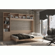 Composition armoire lit escamotable horizontale STRADA-V2 mélaminé chêne - Couchage 160x200 avec surmeuble et colonne bibliothèque_1