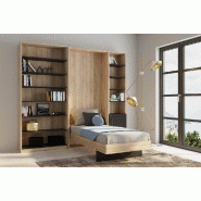 Composition lit escamotable style industriel KEY - Bi-ton chêne noir mat - 90x200 cm - Longueur 255 cm_1