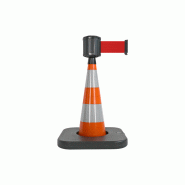 Cône de balisage avec base à lester et sangle enrouleur 100mm largeur - Orange / Rouge / 750_1