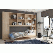 Composition armoire lit horizontale STRADA-V2 en mélaminé chêne - Couchage 90*200 avec surmeuble et 2 colonnes de rangement_1