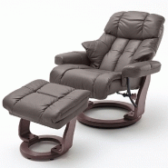 Fauteuil relax CLAIRAC XL - cuir marron, pied en bois couleur noyer avec repose-pied - inclinable à 135° et rotation 360°_1