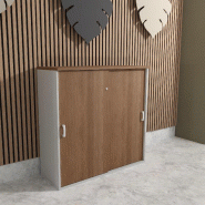 Armoire mi-haute à portes coulissantes - Mobel Linea - 120, Gris aluminium, Acacia foncé_1