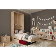 Lit escamotable style industriel KEY SOFA - Chêne naturel - Canapé rouge avec tiroirs - Couchage 90x200 cm_1