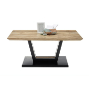 Table basse design Beford en chêne acacia - plateau laqué naturel - piétement métal noir mat avec roulettes_1