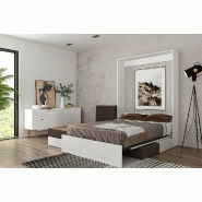 Lit escamotable Dynamo Sofa - Canapé angle méridienne réversible blanc mat tissu marron 140x200 cm avec coffre de rangement_1