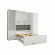 Composition armoire lit escamotable LUTECIA blanc mat - Couchage 140x190 cm avec rangements intégrés et colonne bibliothèque_1