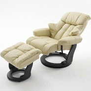 Fauteuil relax Clairac - assise en cuir crème - pied en bois noir - avec repose-pied - inclinable à 135° - rotation 360° - repliable_1