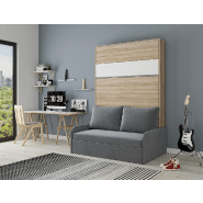 Armoire lit escamotable Bermudes Sofa - Chêne bandeau blanc, canapé gris 160x200 cm avec coffre et finition européenne_1
