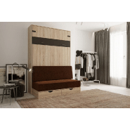 Lit escamotable style industriel KEY SOFA - chêne, bandeau noir, canapé marron, couchage 140x200 cm avec rangement_1