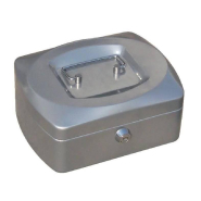 Coffre à monnaie gris - serrure de sécurité - 20,5x16x9cm - monnayeur intégré amovible - 2 clés_1