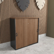 Armoire mi-haute à portes coulissantes - Mobel Linea - 100, Gris anthracite, Acacia foncé_0