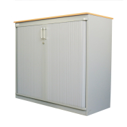 Armoire basse Steelcase d'occasion - gris clair et bois - 100 cm x 104 cm x 43 cm - portes rideaux métalliques_1